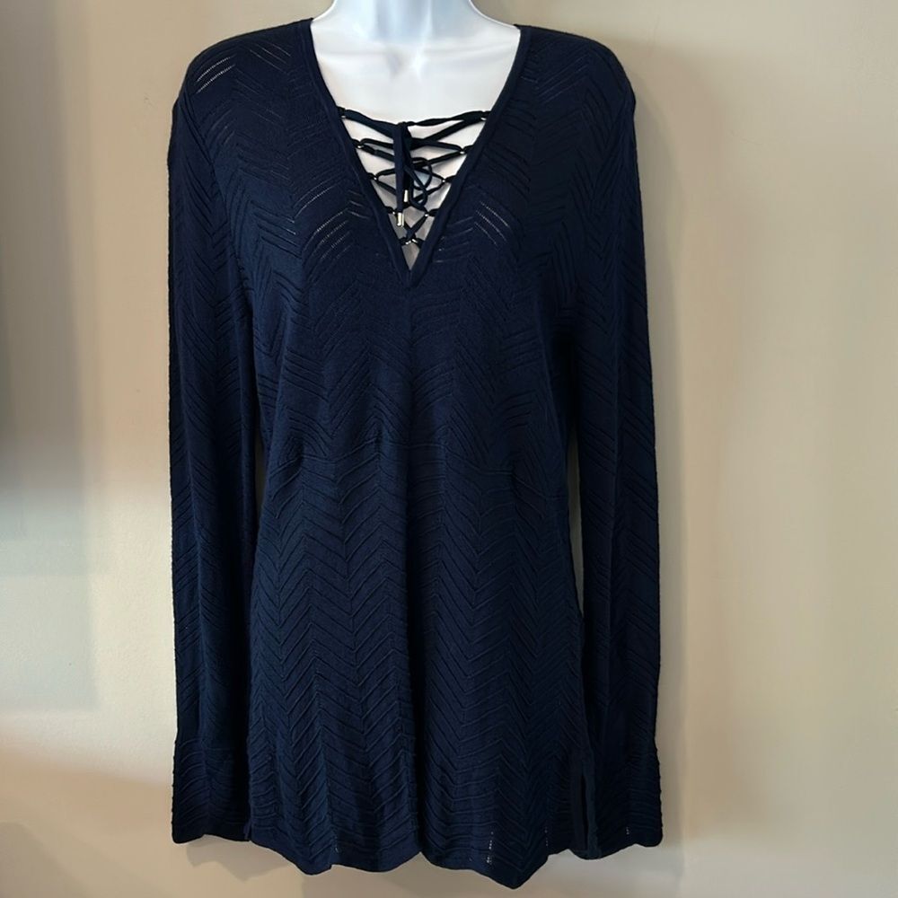 White House Black Market Women's Blue Knit Long Sleeves V-Neck Tunic Top Medium